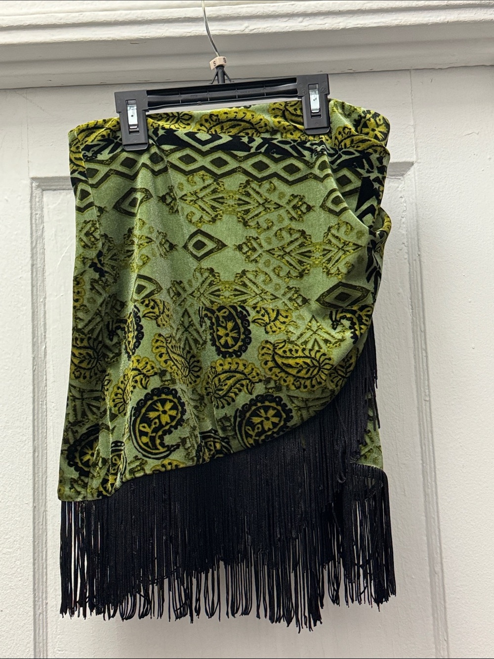 Zara Olive Green Velvet Asymmetrical Skirt with Black Fringe